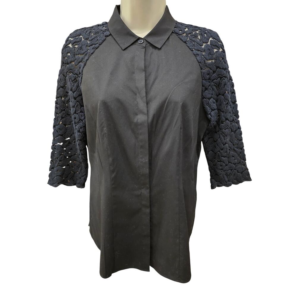 Lafayette 148 New York Black Short Sleeve Button Front Top with Lace Sleeves